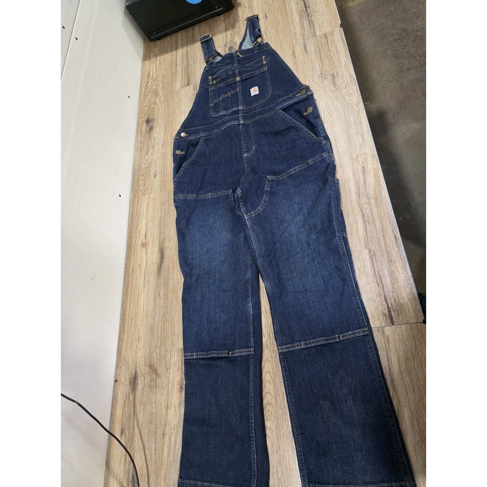 Carhartt Relaxed Fit Denim Bib Overalls Dark Wash OR4044-W womens M Short 8-10